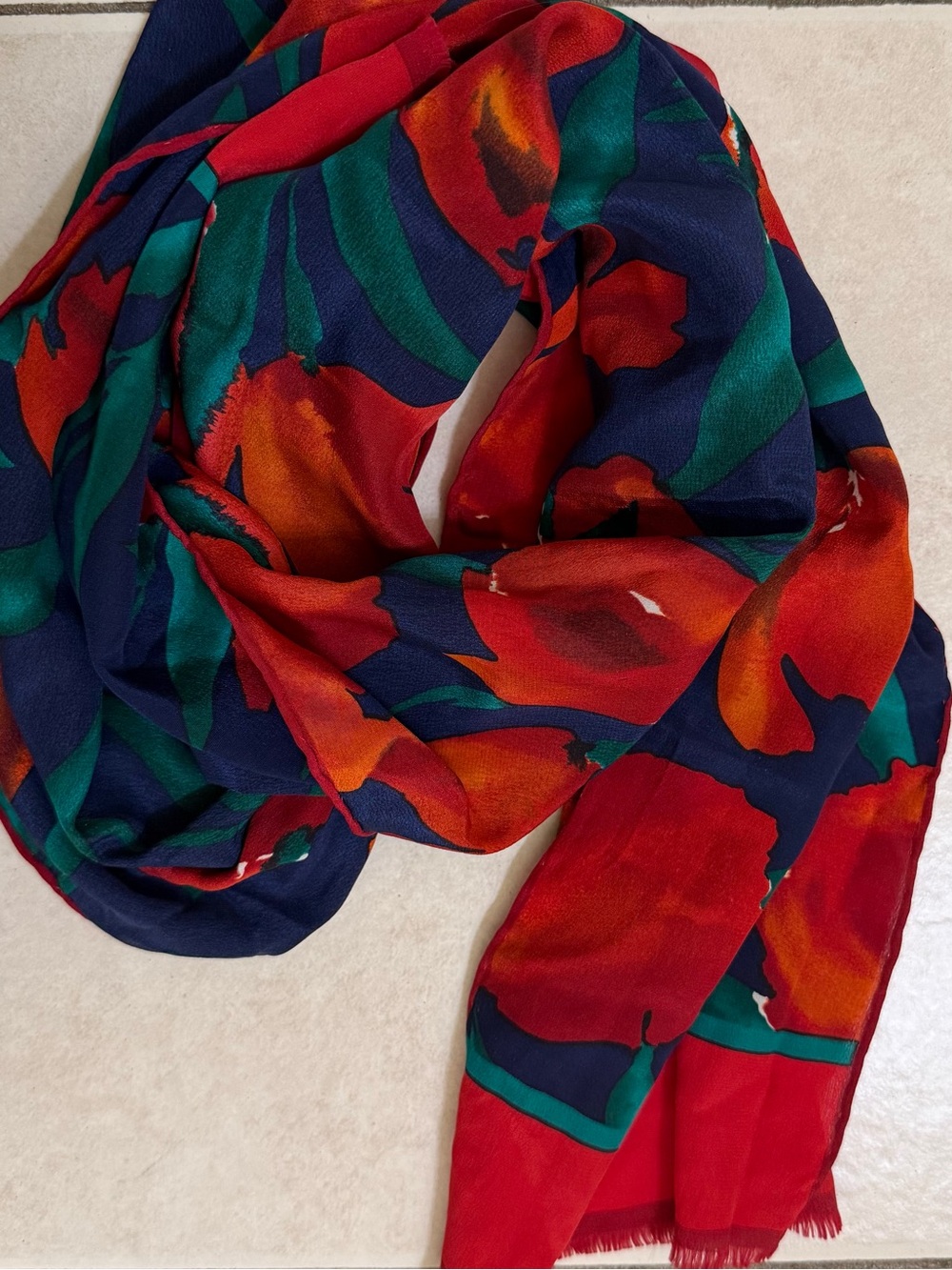 Bill Blass Silk Vibrant Red & Navy Floral Scarf Vntg Rare